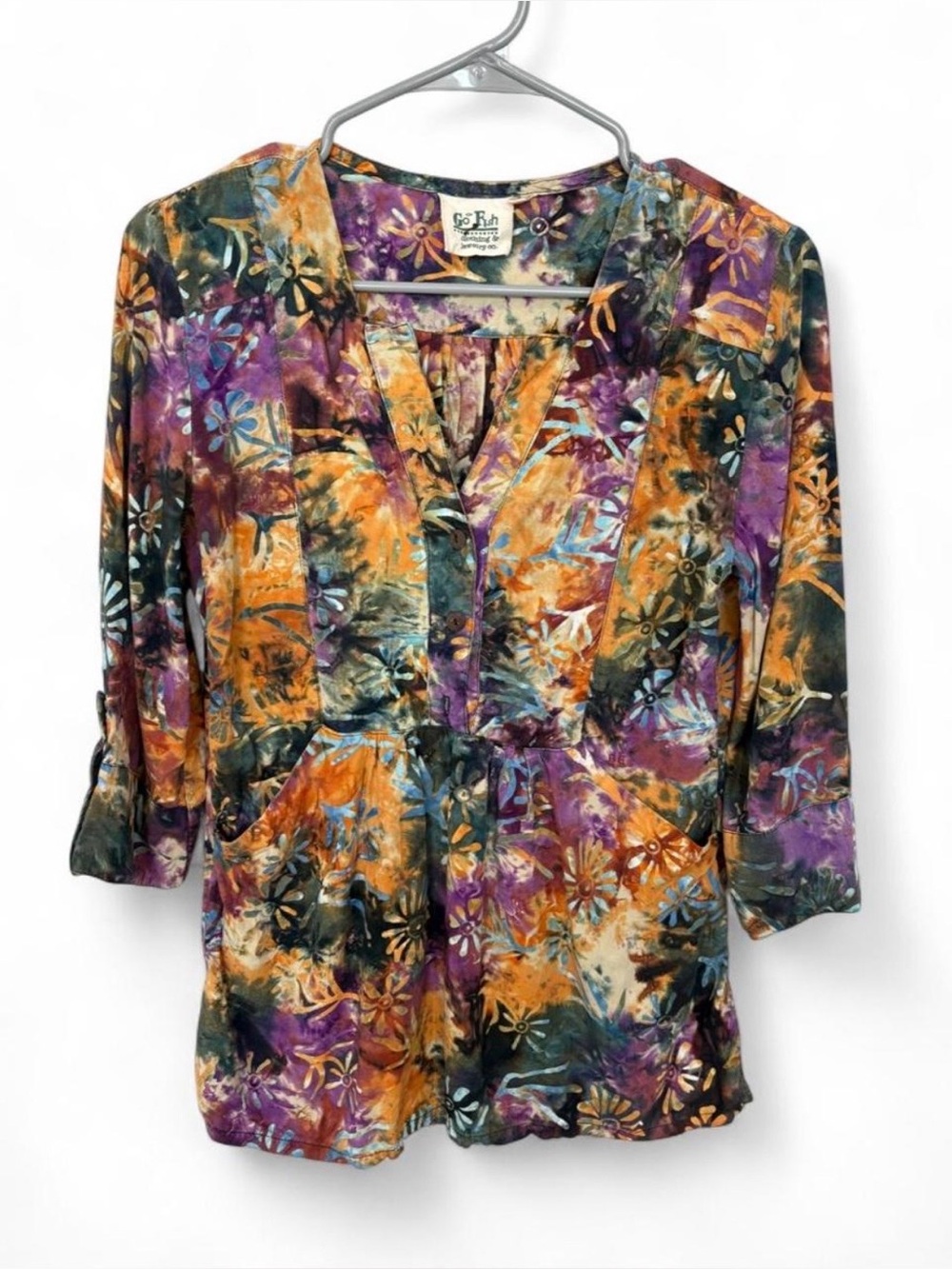 Go Fish Multicolored Floral Tie-dye Babydoll Blouse Pockets XS Boho Hippie Artsy